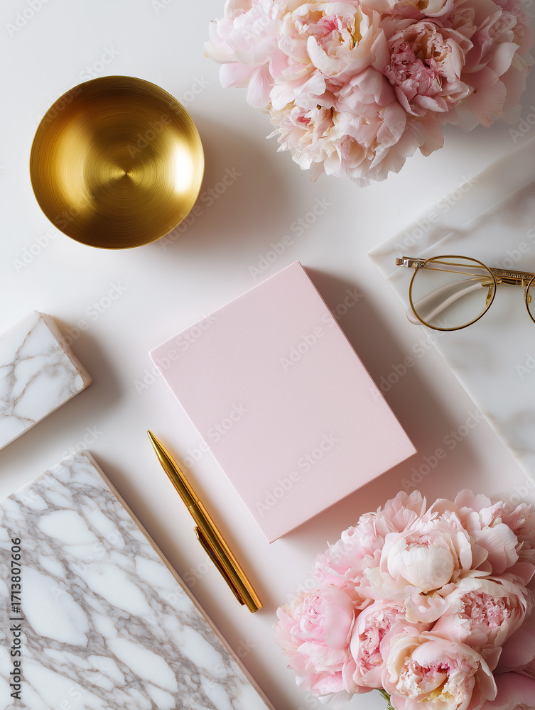 Poster flat lay of a desk or workspace with a white marble surface. on the left side of the image, there is