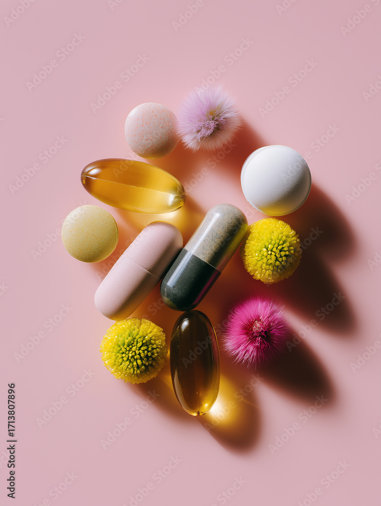 Poster flat lay of various pills and capsules arranged in a circular pattern on a pink background. there ar