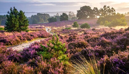 A picturesque landscape unfolds with a winding path through a field of vibrant purple heather at sunrise, showcasing the beauty of nature's colors and textures.
