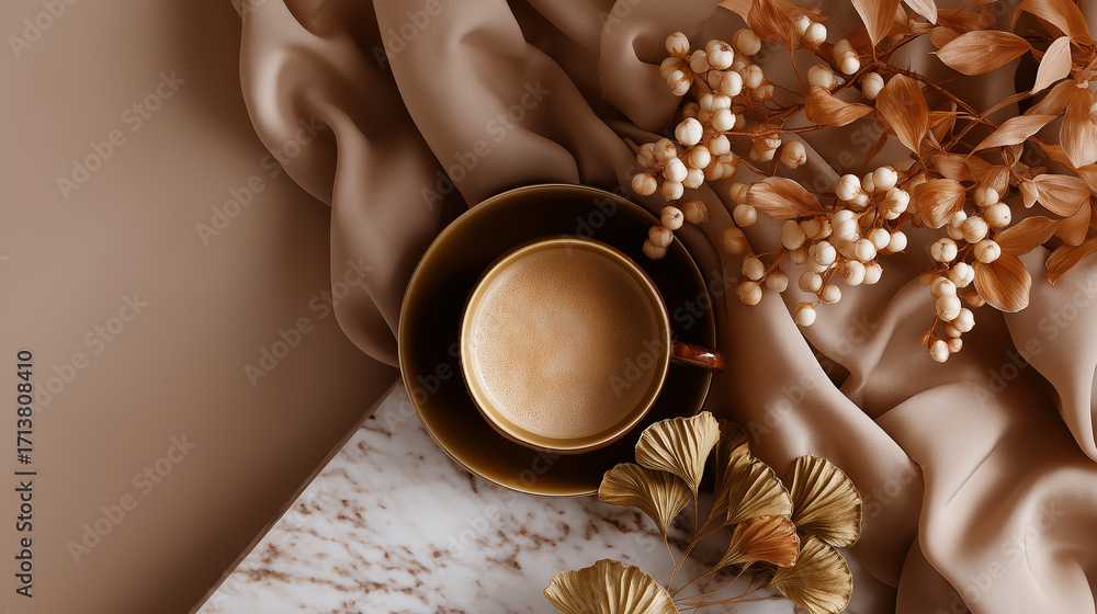 Poster flat lay of a coffee cup and saucer on a marble surface. the cup is gold in color and has a handle o