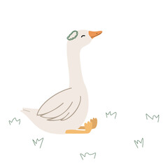 Sitting goose wearing chaplet in hand drawn style. Simple vector illustration for children's posters and greeting cards