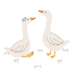 Cute geese in hand drawn flat style. Simple vector illustration for children's posters and greeting cards