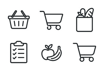 Shopping icons set: basket, cart, grocery bag, checklist, apple, banana