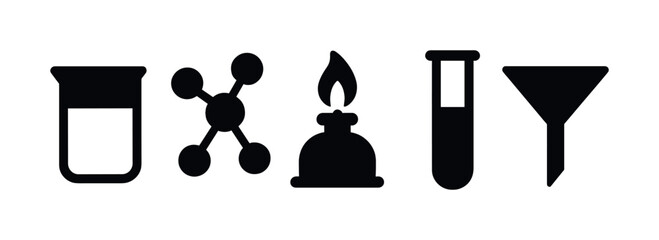 Science lab equipment icons: beaker, molecule, burner, test tube, funnel