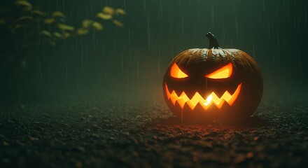 Scary Glowing Jack-o'-Lantern on a Dark and Rainy Halloween Night