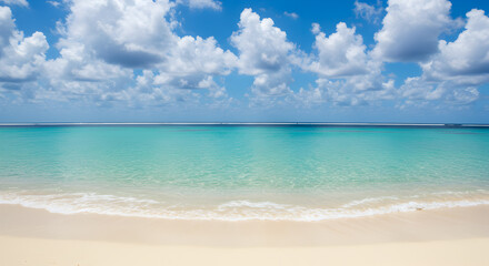 Obraz premium White Sand Beach Meeting Azure Water Under Blue Sky and Cloudscape