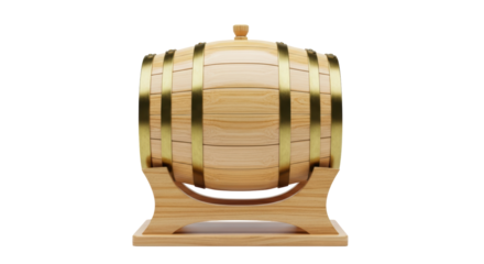 Isolated oak barrel resting on stand, vintage cask made of wood, traditional container