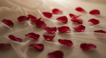 Scattered Red Rose Petals on Delicate White Fabric