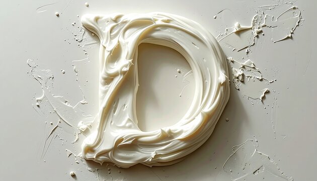 A stylized letter D formed from swirled, textured white substance against a light beige background.