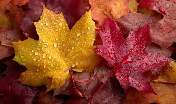 colorful autumn leaves with water droplets on them. the background is a mix of red, orange, and yellow maple leaves.
