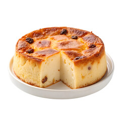 Baked cheesecake with raisins and a slice removed on a white plate round