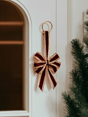Red and gold ribbon hanging on a white door. the ribbon is in the shape of a large bow with a gold ring at the top.