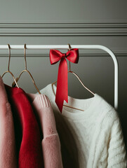 White metal rack with three clothes hanging on it. on the left side of the rack, there is a pink fur coat hanging from a gold hanger.