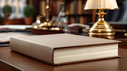 An Elegant Brown Leather-Bound Book Resting on a Sophisticated Wooden Desk Surrounded by Warm Light and Classic Decor