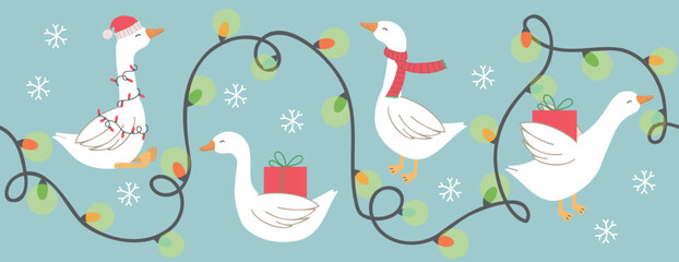 Goose with garland, gift, scarf Christmas border. Horizontal vector illustration for winter holidays