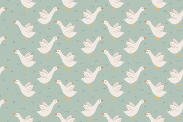 Cute geese on a meadow green background. kids fabric and textile vector print design. Seamless pattern with goose and doodle elements