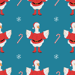 Cute Santa Goose New Year and Christmas Seamless Pattern Background. Vector illustration for wrapping paper, textile, background.
