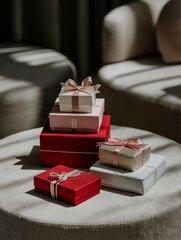 Stack of four gift boxes on a round table. the boxes are of different sizes and colors - one is red, one is white, and one is beige. each box has a pink ribbon tied in a bow on top.