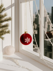 Red christmas bauble hanging on a window sill. the bauble has a white snowflake design on it and is attached to a gold chain. the window is open and the view outside is of a city skyline.