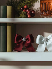 White shelf with three decorative items on it. on the left side of the shelf, there are three books in different colors - green, gold, and red.