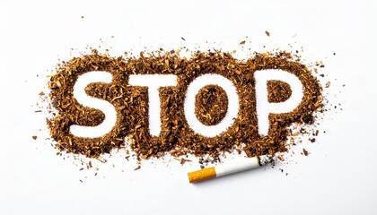 A compelling visual advocating for an end to tobacco use, featuring the word 'STOP' formed by loose tobacco and a single cigarette against a clean white backdrop, emphasizing health awareness