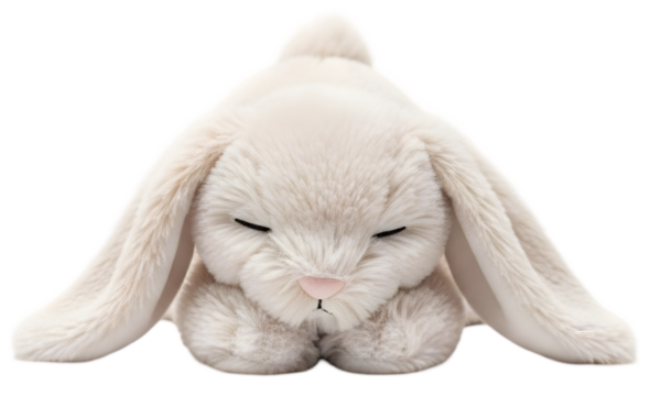 Soft plush bunny resting with closed eyes, set against a clean white background, ideal for children's toys