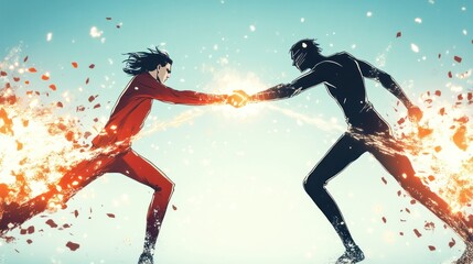 Naklejka premium Two Figures Clash, Energy Exchange, Dynamic Illustration, Comic Book Style