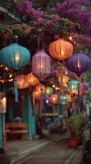 Colorful Paper Lanterns Glowing at Night with Full Moon in Background, Mid-Autumn Festival Celebration Scene, Perfect for Holiday Advertising, Cultural Events, and Seasonal Promotions
