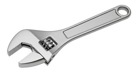 Isolated shiny chrome adjustable wrench with eyelet for hanging against no background