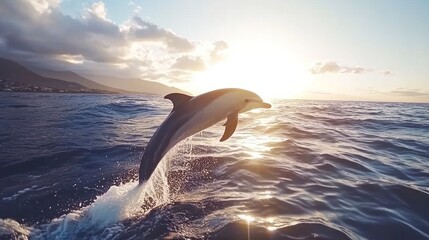 Fototapeta premium Dolphin's Graceful Leap: Sunlit Ocean Splendor with Coastal Backdrop