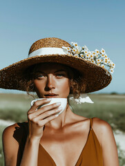 Portrait of a young woman wearing a large straw hat with a white ribbon around the brim. she is holding a white coffee cup in her hand and is looking directly at the camera with a serious expression.