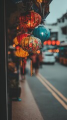 Colorful Paper Lanterns Glowing at Night with Full Moon in Background, Mid-Autumn Festival Celebration Scene, Perfect for Holiday Advertising, Cultural Events, and Seasonal Promotions
