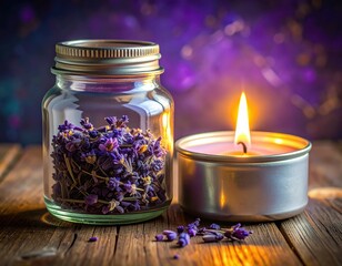 A glass jar filled with dried lavender flowers sits beside a burning candle, creating a serene and calming still life.