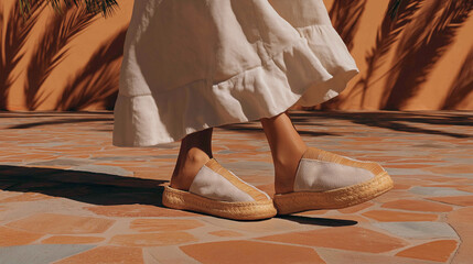 Pair of feet wearing beige slip-on shoes. the shoes have a round toe and a flat sole. the person is standing on a tiled floor with palm leaves in the background.