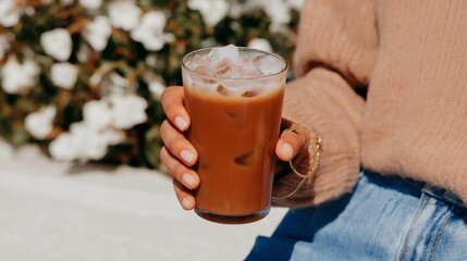 Person's hand holding a glass of iced coffee. the glass is filled with a dark brown liquid and has ice cubes floating on top. the person is wearing a peach-colored sweater and blue jeans.