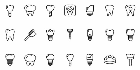 Discover modern dental icons depicting implants, crowns, and oral hygiene tools for healthcare and medical concepts.