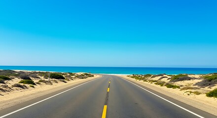Scenic coastal highway curves towards turquoise ocean and clear blue sky