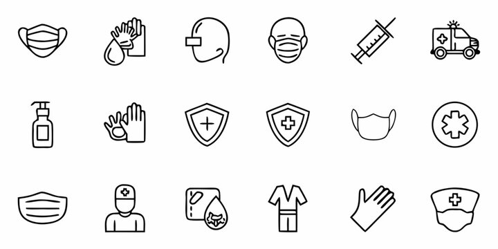 Essential medical protective gear and healthcare icons including masks gloves syringe ambulance doctor scrubs and sanitizer for health awareness campaigns