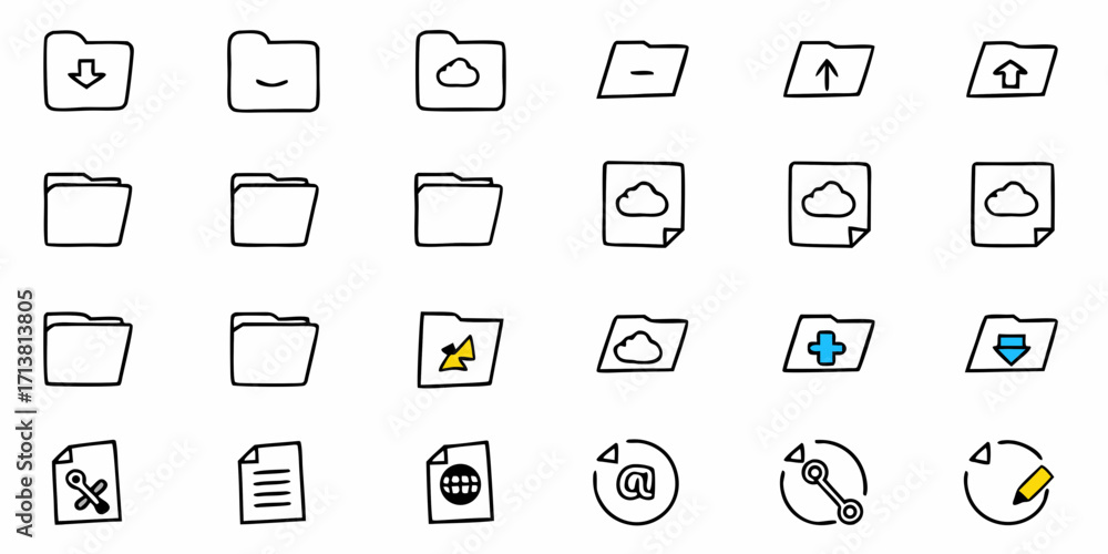 Poster hand-drawn icons representing digital files, cloud storage, and various data management actions for 