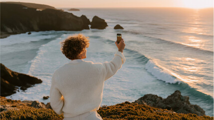 Person standing on a cliff overlooking the ocean at sunset. the person is wearing a white sweater and has curly hair.