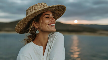 Young woman wearing a straw hat and a white blouse. she is standing in front of a beautiful landscape with a lake and mountains in the background.