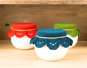 Three white jars with crocheted lids