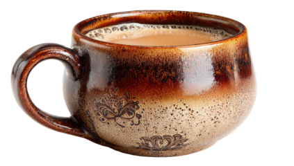 A warm, full cup of tea in a rustic, brown ceramic mug