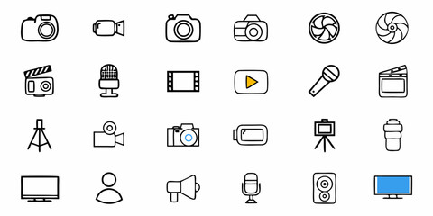 Creative media production icons including cameras, microphones, film reels, and broadcast equipment for dynamic content creation