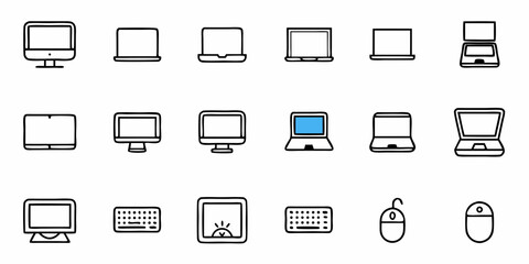 Diverse computer icons including laptops desktops keyboards and mice offering modern digital technology solutions