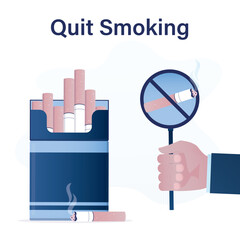 Quit smoking, overcoming addiction. Big user hand with stop sign near tobacco package. Stop smoking, cigarette in prohibition circle signs. Stop bad habits. Ban for nicotine.
