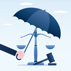 Human hand holding umbrella and covering scales and gavel. Justice protection. fraud security with risk control and government regulation. Balance scale under protection.