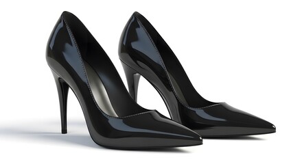 "Realistic 3D Pair of Shiny Black High Heel Stiletto Shoes &ndash; High-Quality Render Isolated on White Background, Ideal for Fashion Footwear, Women's Style, Elegance Icons, and Luxury Design"