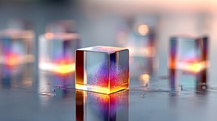 Luminous cubes of glass, internally illuminated with vibrant nebula-like formations, rest on a reflective surface