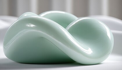 A pale celadon-green, sculpted glass bowl with a smooth, flowing, organic form rests on a white fabric
